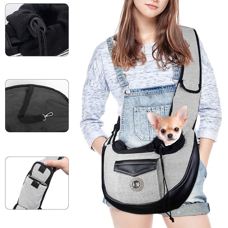 pet sling, small pets puppy dog cat sling carrier bag hands-free with adjustable padded strap front pouch single shoulder bag carrying tote for outdoor walking (grey)