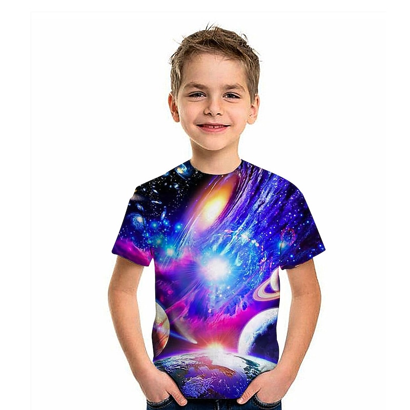 Kids Boys' Galaxy Planet T shirt Tee Short Sleeve 3D Print Graphic Rainbow Children Tops Summer Active Bright Cool 2-13 Years