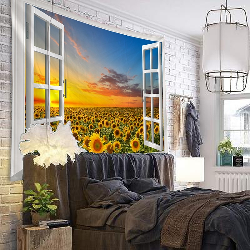Window Landscape Wall Tapestry Art Decor Blanket Curtain Hanging Home Bedroom Living Room Decoration Garden Sunflower Sunset Pastoral2