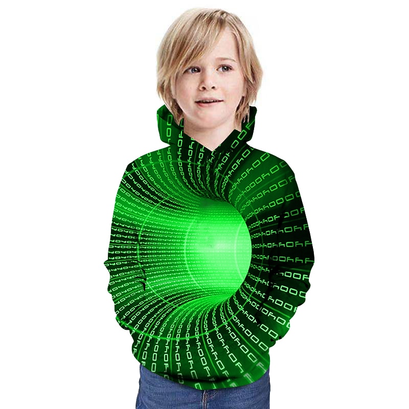 Kids Boys 3D Vertigo Hoodie Long Sleeve  Optical Illusion Print Pocket  Green Red Yellow Children Tops Fashion Hoodie