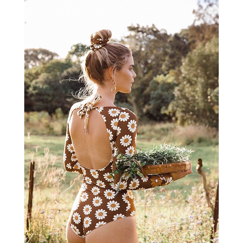 Women's One Piece Swimsuit Knotted Bodysuit Bathing Suit Floral Swimwear Coffee UV Sun Protection Breathable Quick Dry Long Sleeve - Swimming Surfing Beach Autumn / Fall Spring / Summer / Spandex2