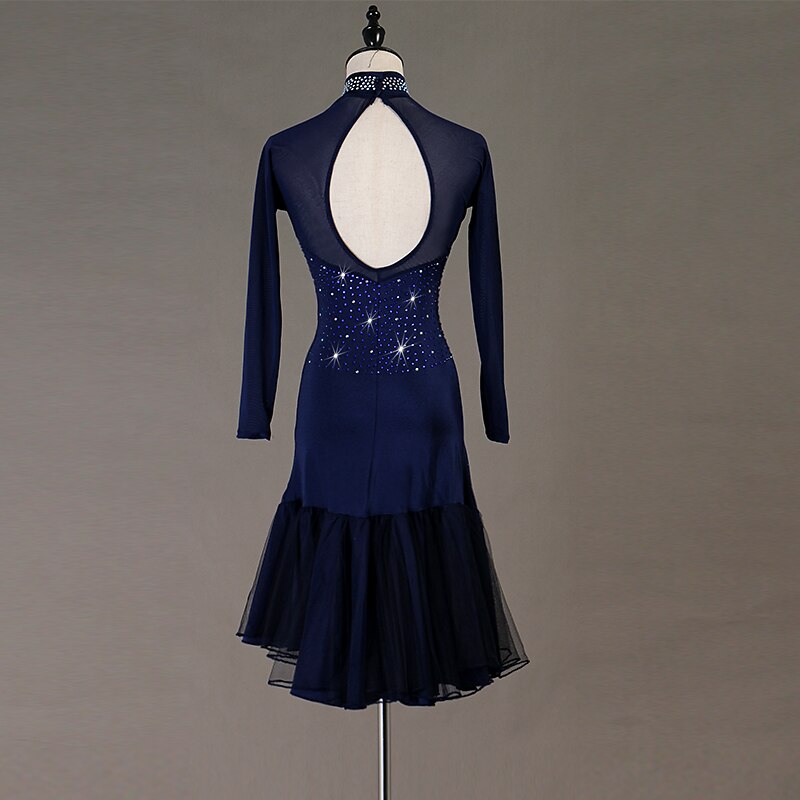 Dance Salsa Latin Dance Dress Cascading Ruffles Crystals / Rhinestones Women's Performance Training Long Sleeve Natural Elastane Tulle3