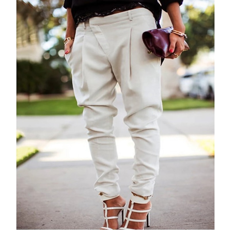 Women's Cargo Pants Joggers Pants Trousers Simple Basic Full Length Mid Waist Solid Colored Pocket Classic Asymmetric Inelastic Work Office / Career Black White Blue Gray Spring &  Fall Regular Fit