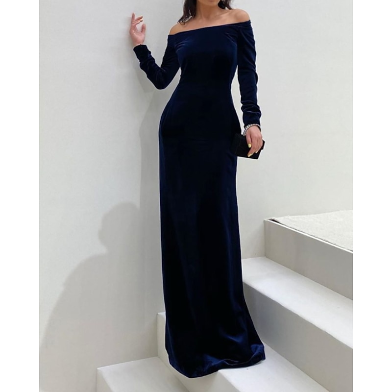 Sheath Evening Gown Elegant Dress Formal Evening Floor Length Long Sleeve Off Shoulder Fall Wedding Guest Velvet with Sleek3
