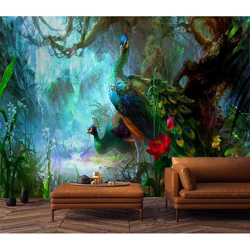 Mural Wallpaper Wall Sticker Covering Print Peel and Stick Removable Bamboo Peacock Bird Canvas Home Décor