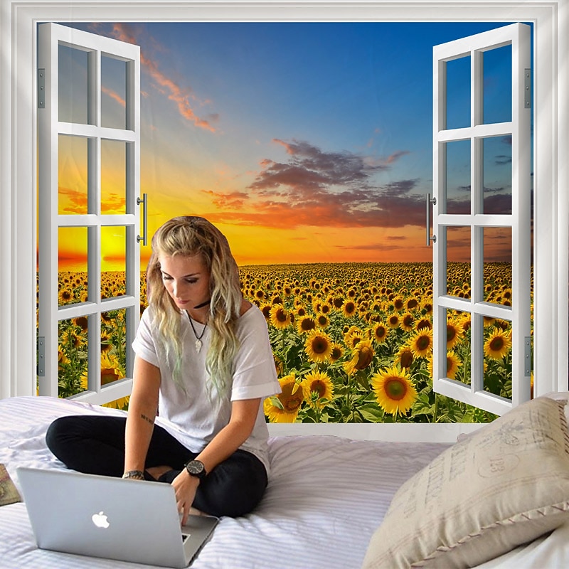 Window Landscape Wall Tapestry Art Decor Blanket Curtain Hanging Home Bedroom Living Room Decoration Garden Sunflower Sunset Pastoral4