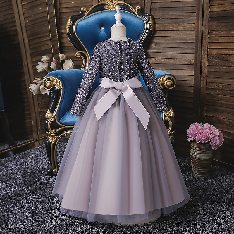 Flower Girl Dress Girls' Dress Party Dress Performance Wedding Party Cute Sweet Thanksgiving New Year Sequins Long Sleeve V Neck Red Blue 4-13 Years3