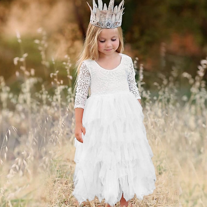 Flower Girl Dress Girls' Dress Party Dress Wedding Party Wedding Party Elegant Party Purple Lace Backless Solid Colored Long Sleeve Crew Neck White Pink 2-8 Years4