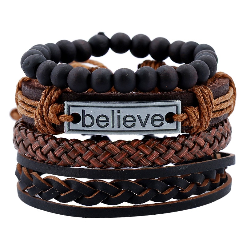 4 Pcs Explosive Accessories Believe Set Men's Cowhide Bracelet Retro Woven Diy Leather Bracelet