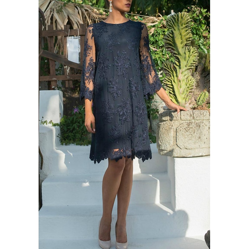 Sheath Mother of the Bride Dress Wedding Guest Elegant Jewel Neck Short / Mini Lace Tulle 3/4 Length Sleeve with Appliques4