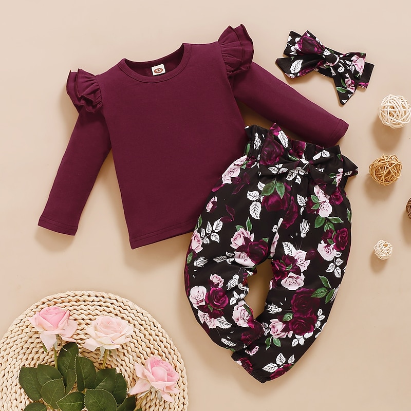 Girls' 3D Floral Solid Colored Clothing Set Long Sleeve Basic Toddler 1-4 Years School Daily Wear Regular Fit3