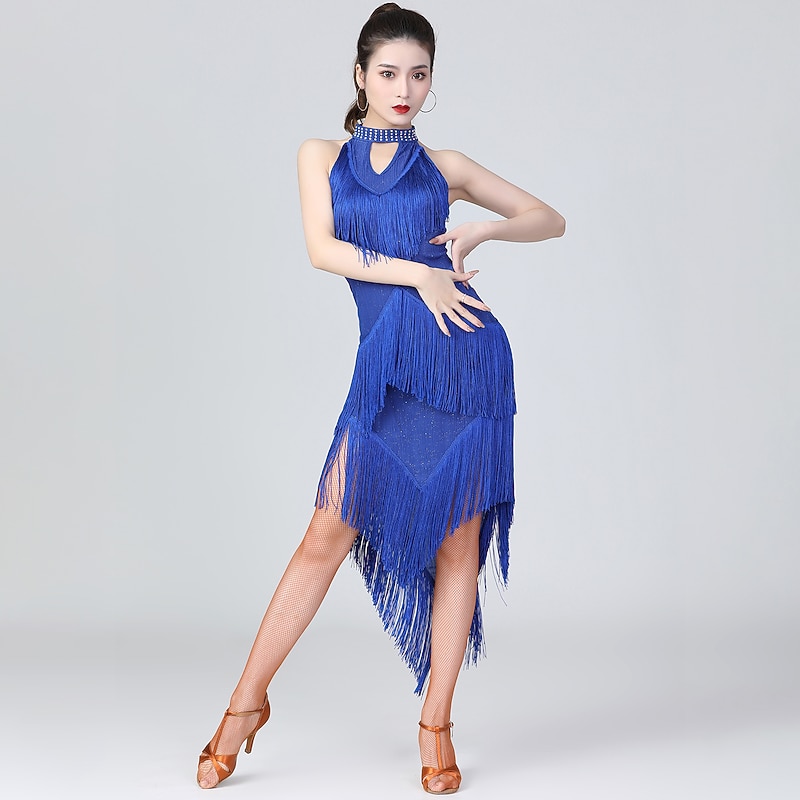 Latin Dance Dress Fringed Tassel Ruching Solid Women's Training Performance Sleeveless High Polyester/Dancing Party Dress2