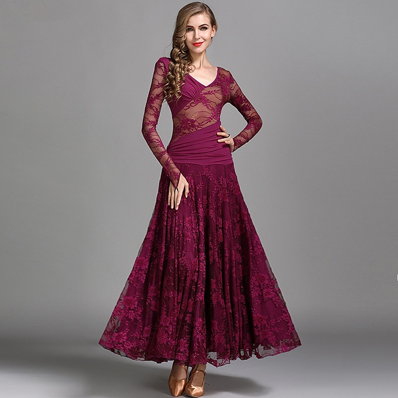 Ballroom Dance Dress Ruching Split Joint Women's Performance Training Long Sleeve Natural Lace Milk Fiber2