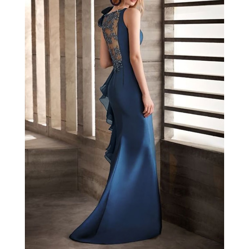 Mermaid Evening Gown Elegant Dress Engagement Formal Evening Sweep / Brush Train Sleeveless Jewel Neck Fall Wedding Guest Stretch Satin with Appliques Masquerade Dress2