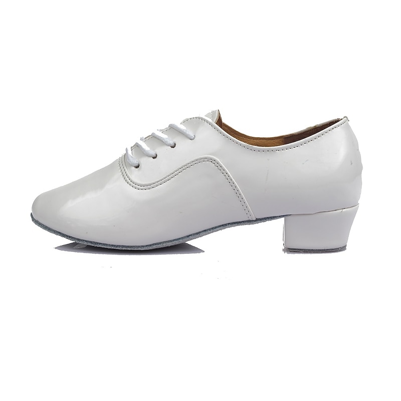 Men's White Patent Leather Lace-Up Dance Shoes – Comfortable Low Heel and Soft Suede Sole for Ballroom and Latin Dance