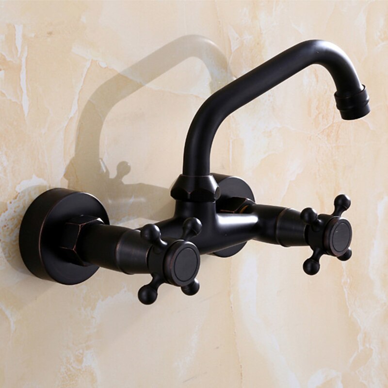 Bathroom Sink Mixer Faucet Wall Mount, Vintage 2 Handle 3 Holes Basin Taps with Cold Hot Water Hose, Washroom Mono Basin Vessel Taps Deck Mounted Oil-rubbed Bronze2