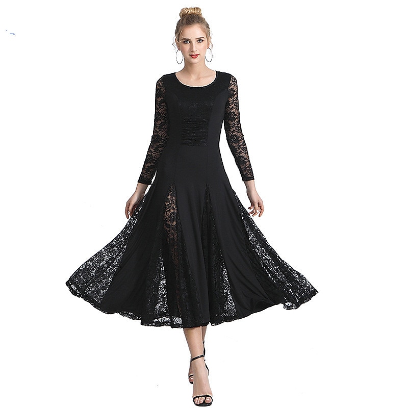 Ballroom Dance Dress Pleats Split Joint Women's Training Performance Long Sleeve Natural Lace Milk Fiber3
