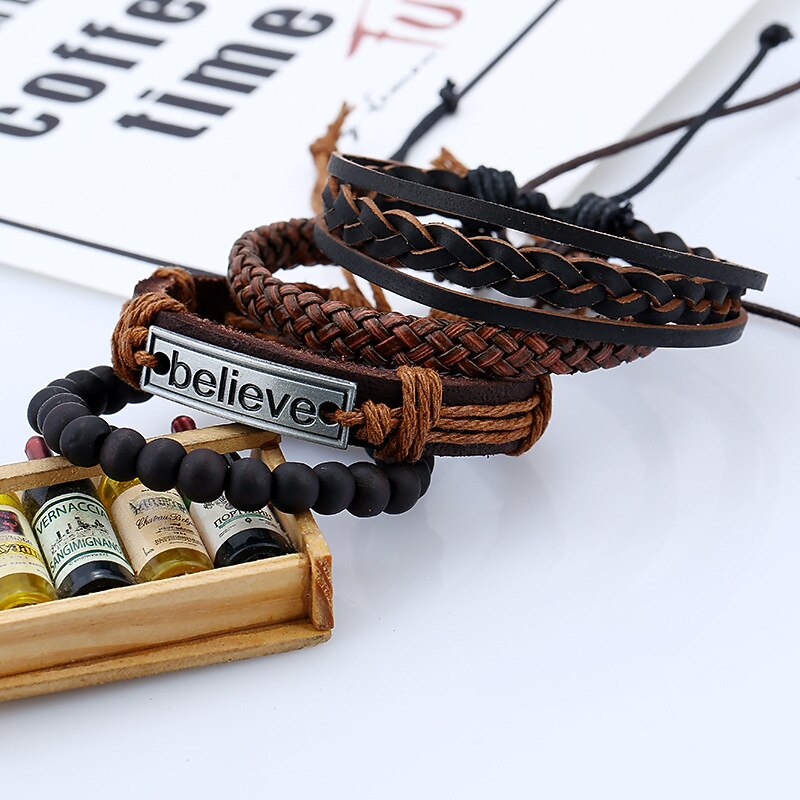 4 Pcs Explosive Accessories Believe Set Men's Cowhide Bracelet Retro Woven Diy Leather Bracelet3