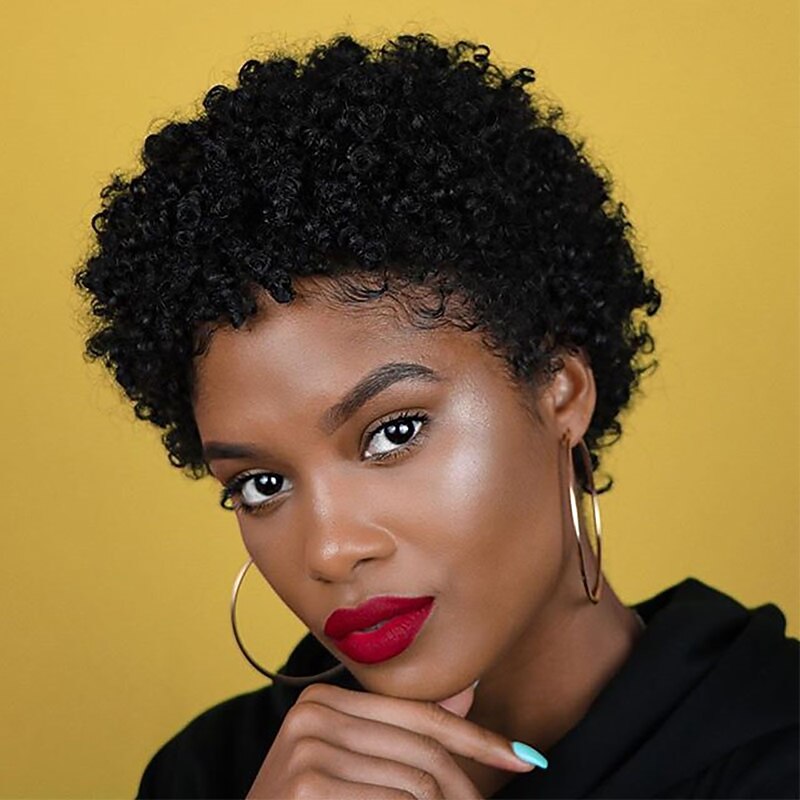 Remy Human Hair Wig Pixie Cut For Black Women Short Afro Curly Brazilian Hair Cheap Wig Human Hair Capless Wig Natural Black #1B For Daily Party4