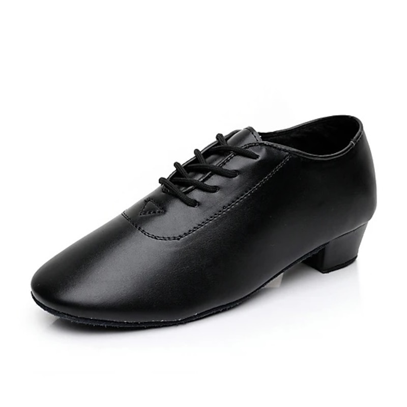 Black Faux Leather Ballroom Dance Shoes for Boys - Lace-Up Latin, Tango, Salsa, and Cha-Cha Dance Shoes with Thick Heel and Suede Sole