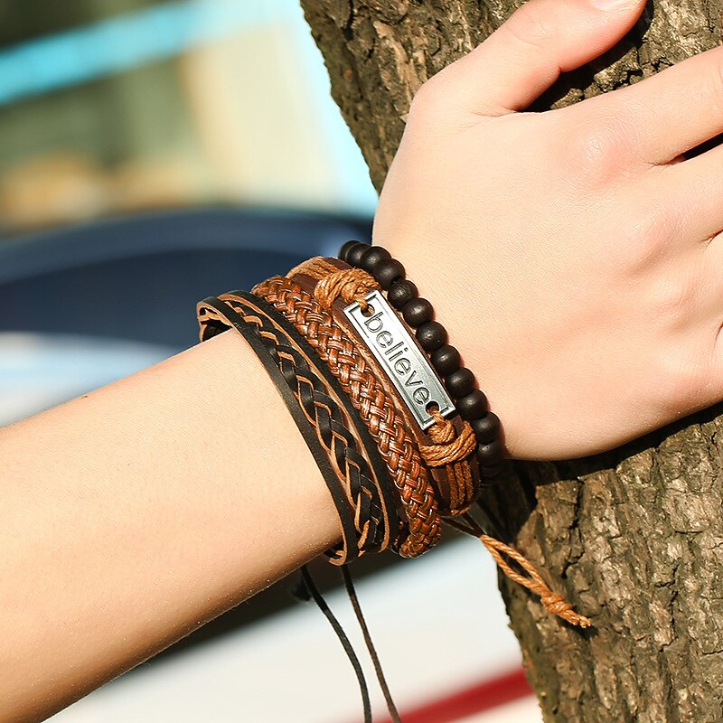 4 Pcs Explosive Accessories Believe Set Men's Cowhide Bracelet Retro Woven Diy Leather Bracelet4