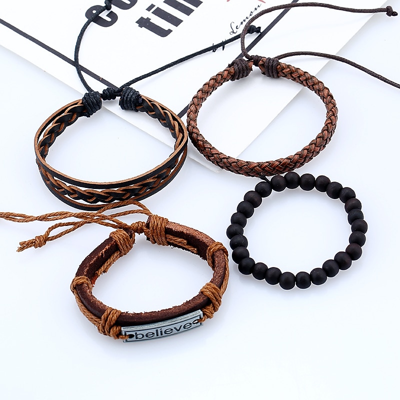 4 Pcs Explosive Accessories Believe Set Men's Cowhide Bracelet Retro Woven Diy Leather Bracelet2