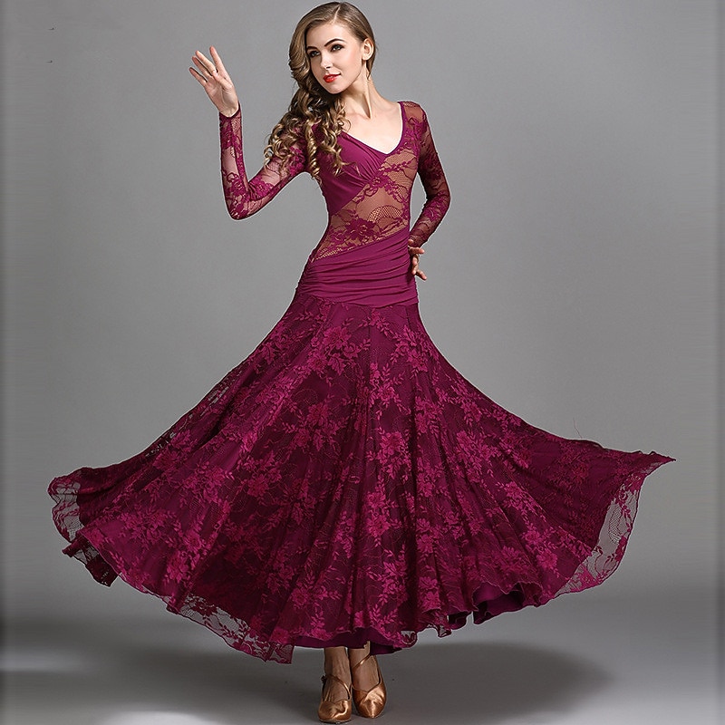 Ballroom Dance Dress Ruching Split Joint Women's Performance Training Long Sleeve Natural Lace Milk Fiber3