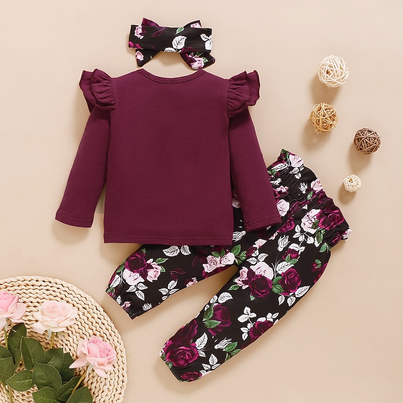 Girls' 3D Floral Solid Colored Clothing Set Long Sleeve Basic Toddler 1-4 Years School Daily Wear Regular Fit4