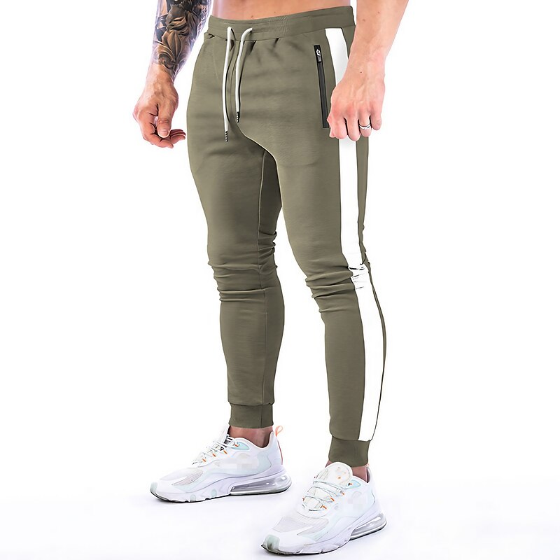Men's Joggers Drawstring Zipper Pocket Pants / Trousers Athletic Athleisure Cotton Winter Fitness Gym Workout Running Breathable Moisture Wicking Soft Sport Stripes Activewear Black Army Green Dark - Main Image