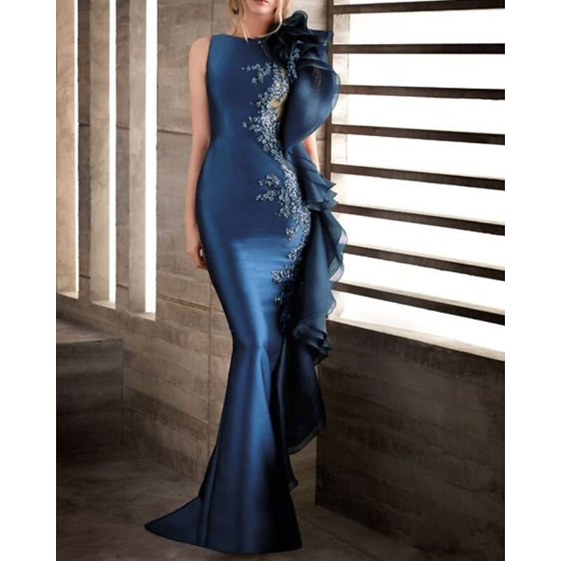 Mermaid Evening Gown Elegant Dress Engagement Formal Evening Sweep / Brush Train Sleeveless Jewel Neck Fall Wedding Guest Stretch Satin with Appliques Masquerade Dress