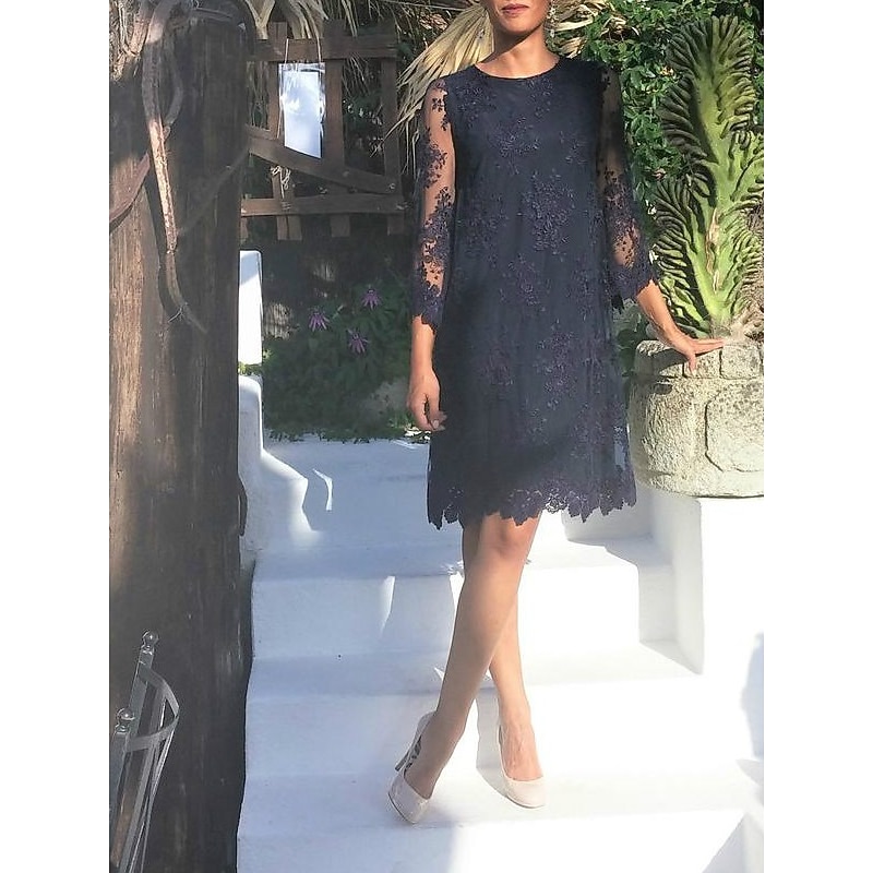 Sheath Mother of the Bride Dress Wedding Guest Elegant Jewel Neck Short / Mini Lace Tulle 3/4 Length Sleeve with Appliques2