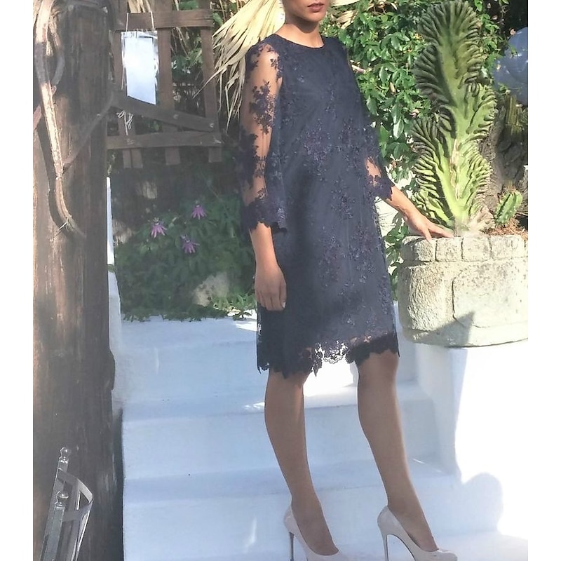 Sheath Mother of the Bride Dress Wedding Guest Elegant Jewel Neck Short / Mini Lace Tulle 3/4 Length Sleeve with Appliques3