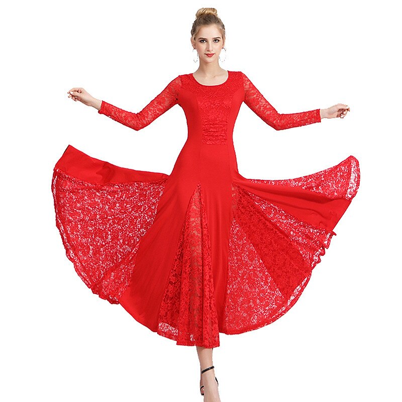Ballroom Dance Dress Pleats Split Joint Women's Training Performance Long Sleeve Natural Lace Milk Fiber2