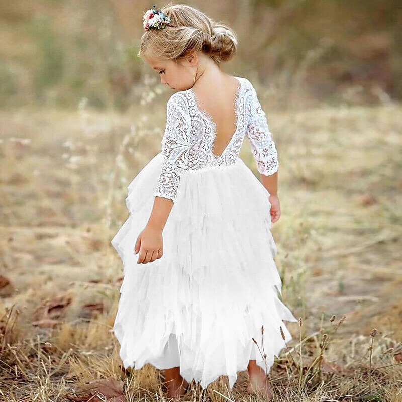 Flower Girl Dress Girls' Dress Party Dress Wedding Party Wedding Party Elegant Party Purple Lace Backless Solid Colored Long Sleeve Crew Neck White Pink 2-8 Years3