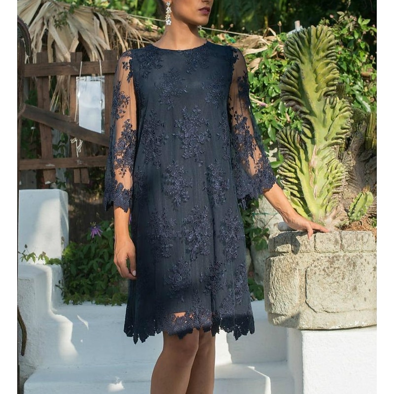 Sheath Mother of the Bride Dress Wedding Guest Elegant Jewel Neck Short / Mini Lace Tulle 3/4 Length Sleeve with Appliques