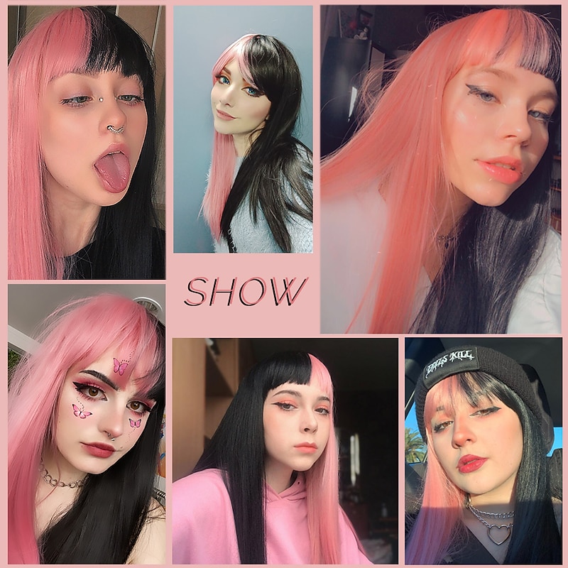 Pink Wigs for Women Synthetic Wig Natural Straight Neat Bang Wig 24 Inch A15 A16 A17 A18 A19 Synthetic Hair Women's Cosplay Party Fashion Black Pink3