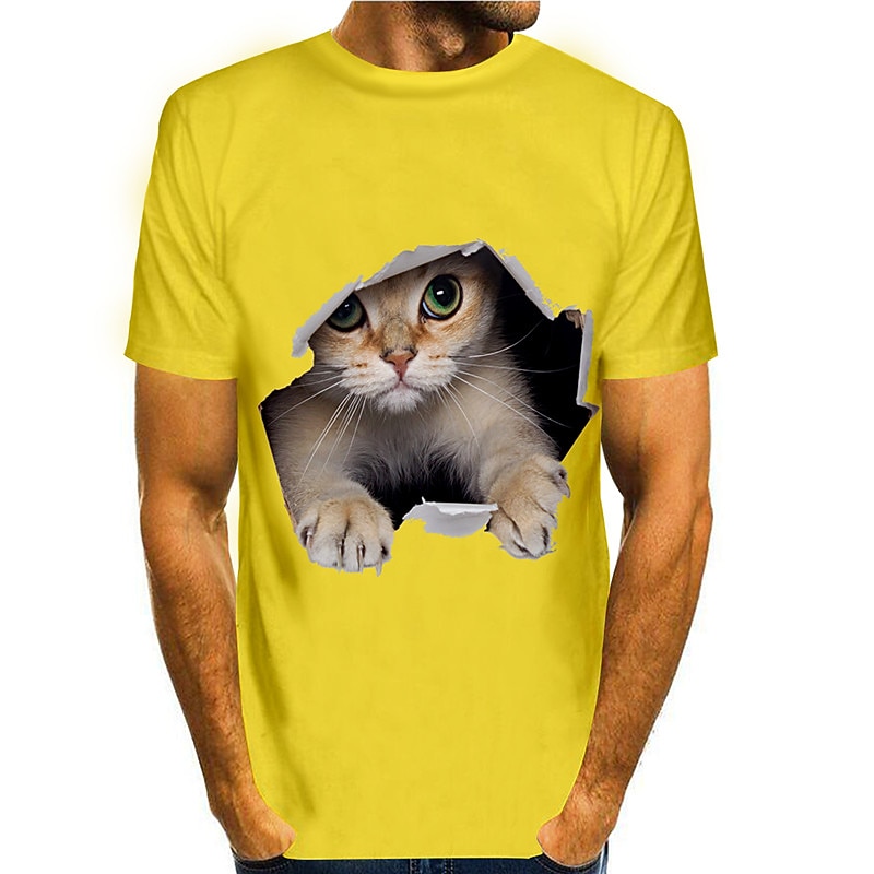 Men's Animal Cat Graphic Prints Shirt T Shirt Tee Short Sleeve T shirt 3D Print Round Neck Shirt Streetwear Slim Fit Workout Casual Daily White Yellow Blue Summer Clothing Apparel Plus Size S M L XL