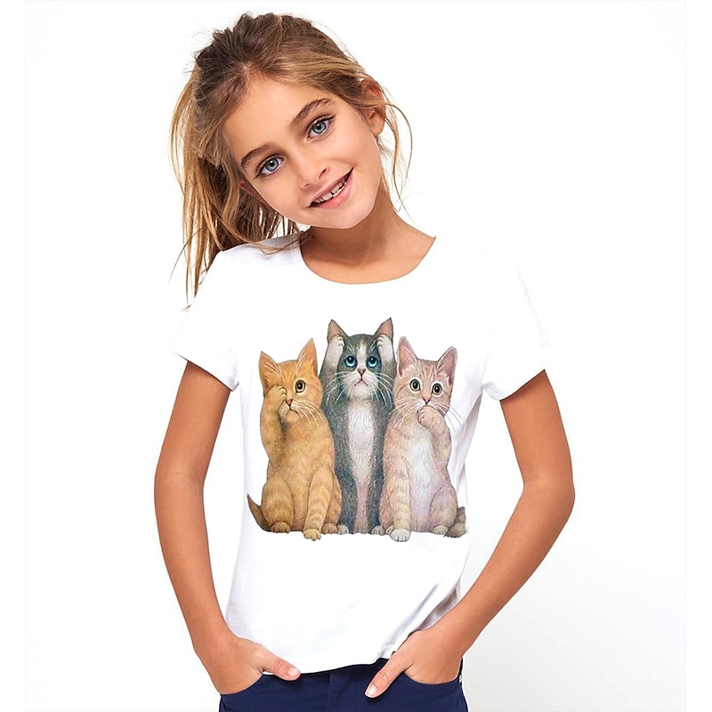 Girls' 3D Animal Cat T shirt Tee Short Sleeve 3D Print Cute Basic Polyester Kids4
