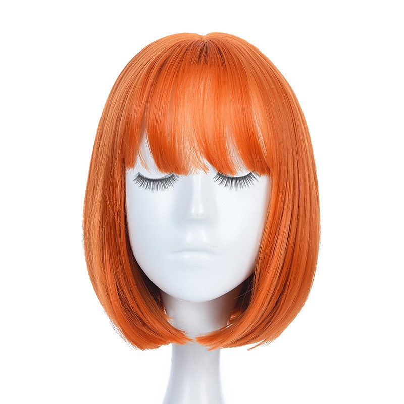 Women Orange Short Cosplay Wig with Bangs BOb Hairstyle Heat Resistant Fiber Synthetic Straight Hair Halloween Wigs3