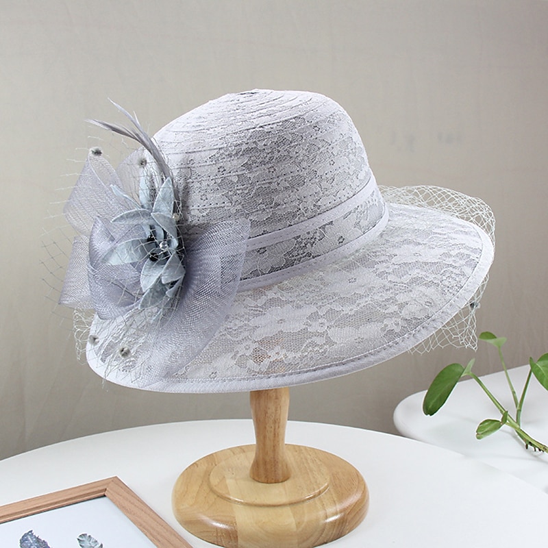 Hats Headwear Tulle Bucket Hat Straw Hat Sun Hat Casual Holiday Kentucky Derby Horse Race Ladies Day Vintage Style Elegant Lace With Feather Lace Headpiece Headwear4