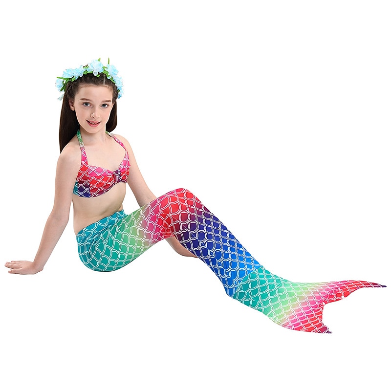 Kids Girls' 3pcs Mermaid Swimwear Swimwear Bikini Bikini Swimming Color Block Rainbow Active Cute Backless Bathing Suits 2-9 Years Summer Rainbow3