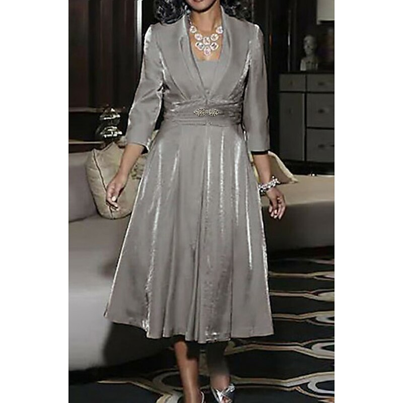 A-Line Mother of the Bride Dress Wedding Guest Elegant Vintage Plus Size Square Neck Tea Length  3/4 Length Sleeve Jacket Dresses with Ruching2