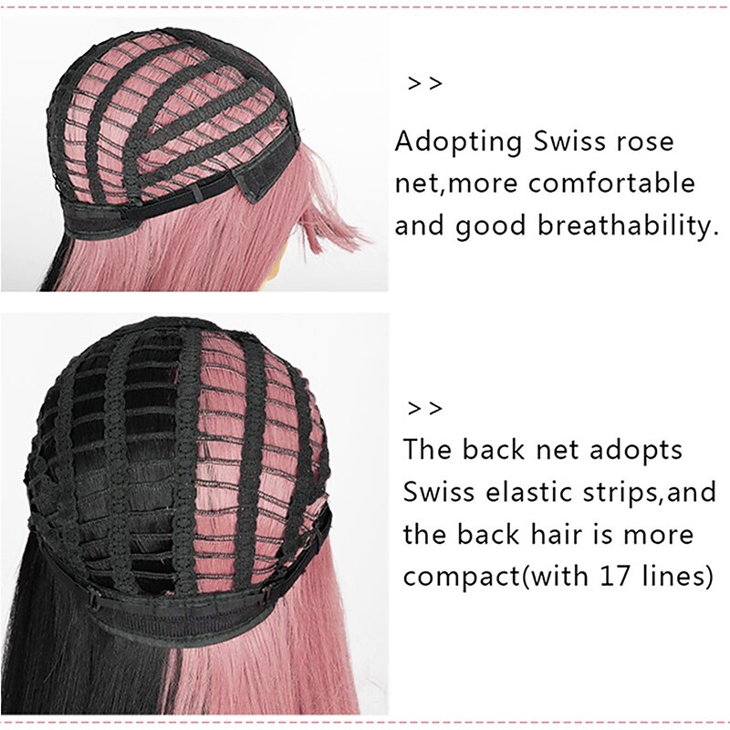 Pink Wigs for Women Synthetic Wig Natural Straight Neat Bang Wig 24 Inch A15 A16 A17 A18 A19 Synthetic Hair Women's Cosplay Party Fashion Black Pink4