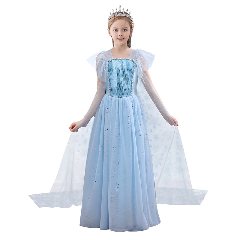 Kids Girls' Frozen Elsa Princess Costumes Dress Snowflake Flower Tulle Dress Birthday Party Sequins Patchwork Full Length Blue Maxi Short Sleeve Elegant Cosplay Dresses Regular Fit4