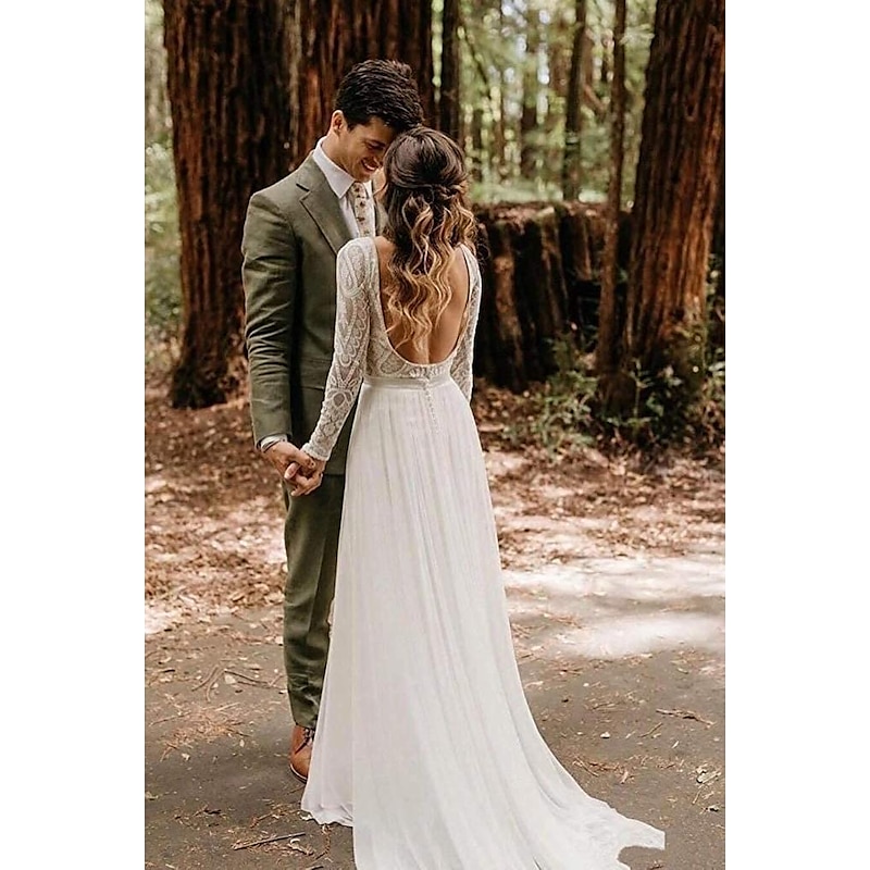 Beach Wedding Beach Open Back Boho Wedding Dresses A-Line Scoop Neck Long Sleeve Sweep / Brush Train Lace Bridal Gowns With Pleats Appliques