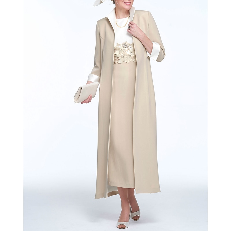 Two Piece Sheath Mother of the Bride Dress Wedding Guest Church Elegant Jewel Neck Ankle Length Stretch Fabric Sleeveless with Appliques Race Day Dress2