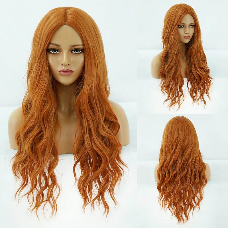 Red Wigs for Women Synthetic Wig Deep Wave Middle Part Wig Medium Length Synthetic Hair for Cosplay Party Orange Halloween Wigs