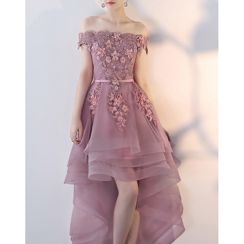 A-Line Prom Party Dress Floral Dress Wedding Guest Prom Asymmetrical Short Sleeve Off Shoulder Tulle with Appliques  Masquerade Dress to impress Dresses4