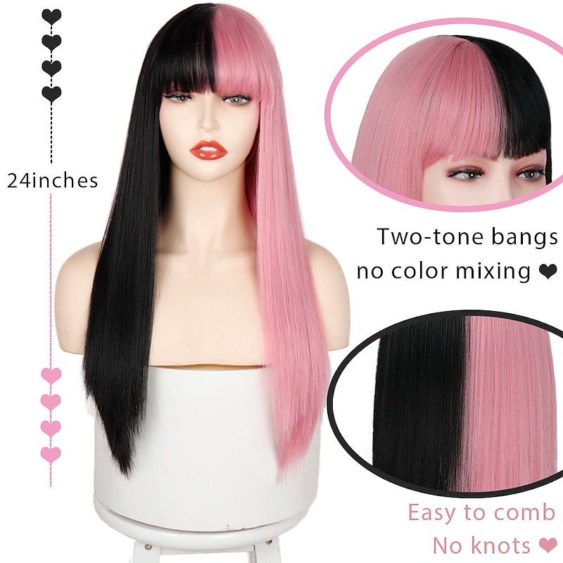 Pink Wigs for Women Synthetic Wig Natural Straight Neat Bang Wig 24 Inch A15 A16 A17 A18 A19 Synthetic Hair Women's Cosplay Party Fashion Black Pink