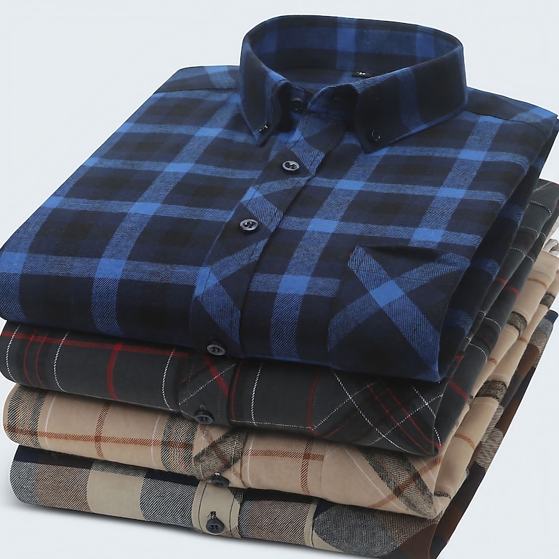 Men's Tartan Shirt Dress Shirt Flannel Shirt Overshirt Long Sleeve Shirt Collar Turndown Work Casual A B C D E Button-Down Clothing Apparel Business Simple